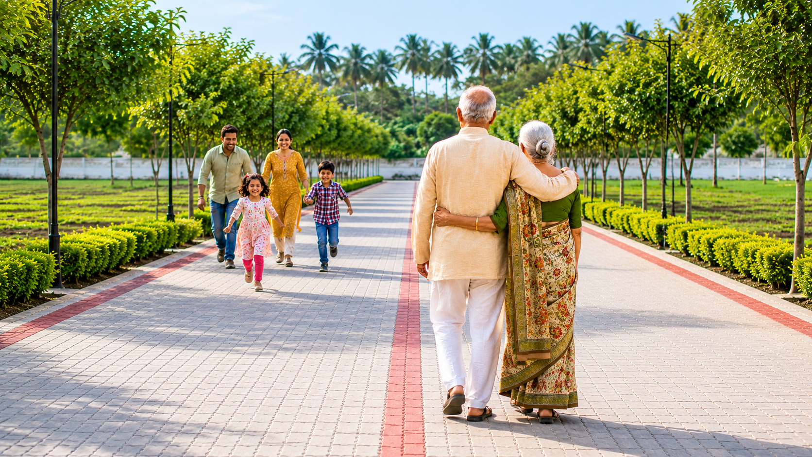 Family walking along a tree-lined avenue at Mannvaasam Farms