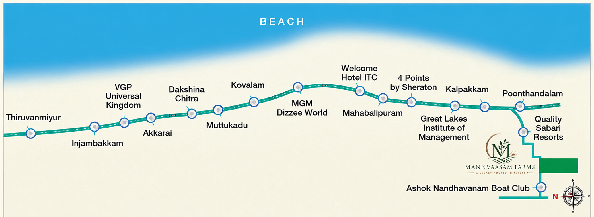 East Coast Road (ECR) connectivity map showing Mannvaasam Farms location