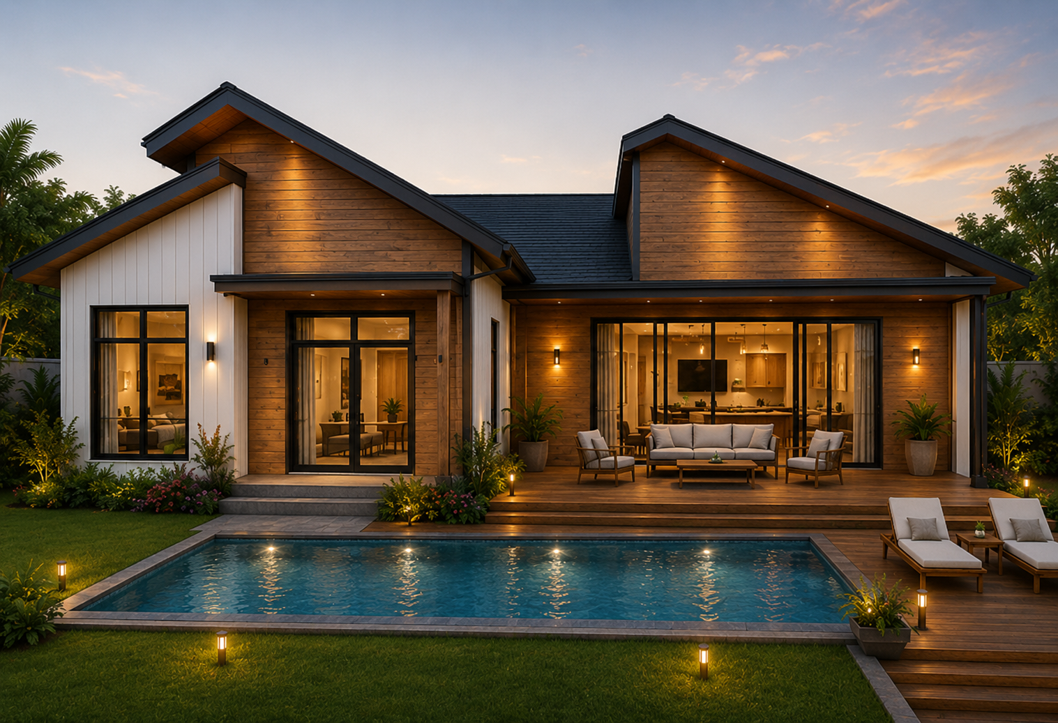 Luxury modern resort-style wooden siding villa with swimming pool